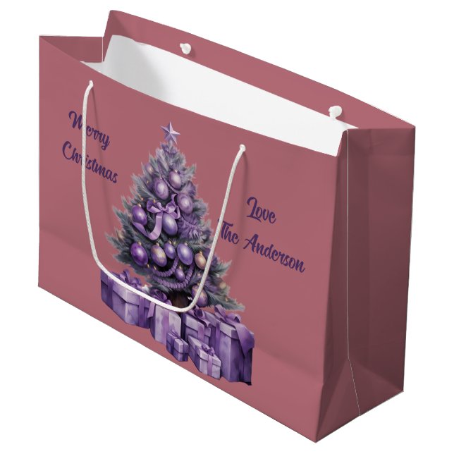 Bolsa De Regalo Grande Feliz Navidad púrpura árbol de Navidad (Angulo Anverso)