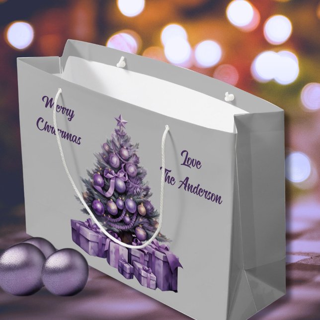 Bolsa De Regalo Grande Feliz Navidad púrpura árbol de Navidad (Nostalgic customizable large Christmas Bag )