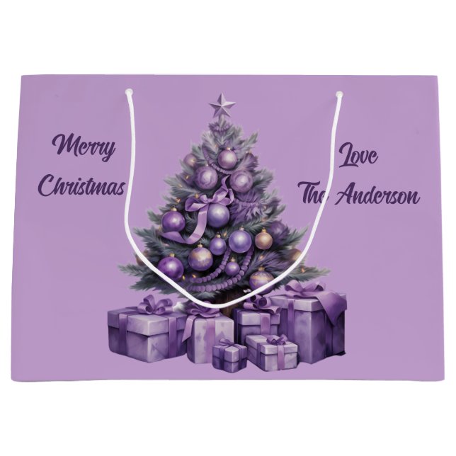 Bolsa De Regalo Grande Feliz Navidad púrpura árbol de Navidad (Anverso)
