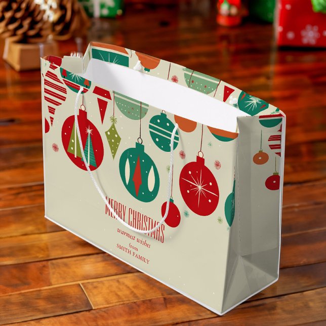 Bolsa De Regalo Grande Feliz Navidad retro mitad de siglo baudias simple (Merry Christmas modern retro midcentury baubles beige simple Large Gift Bag)