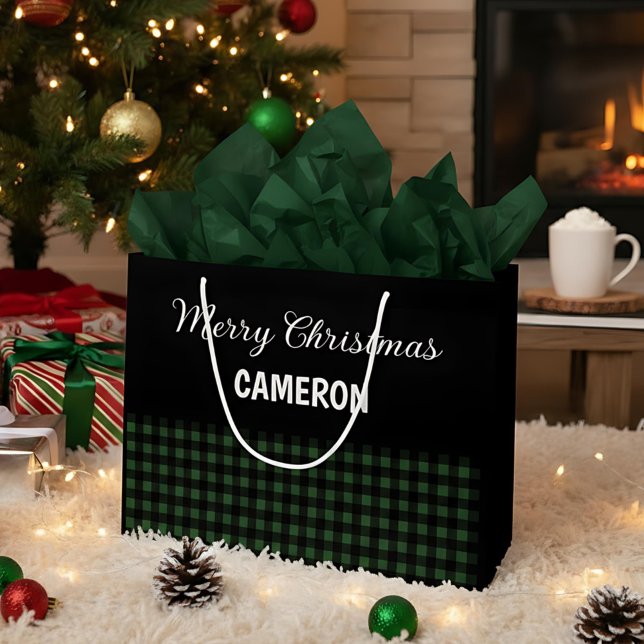 Bolsa De Regalo Grande Feliz Navidad Rustic Green & Black Buffalo Plaid (Subido por el creador)