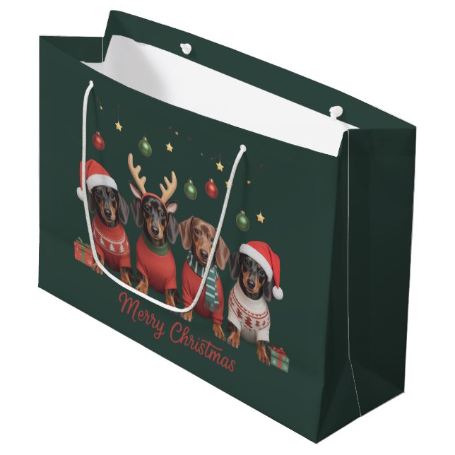 Bolsa De Regalo Grande Feliz Navidad Santa Reno Dachshund Salchicha  (Angulo Anverso)