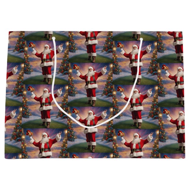 Bolsa De Regalo Grande Feliz Navidad Santa y árboles de Navidad (Anverso)