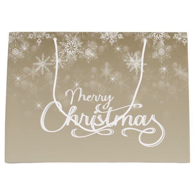 Bolsa De Regalo Grande Feliz Navidad Snowflakes Beige Holiday (Anverso)