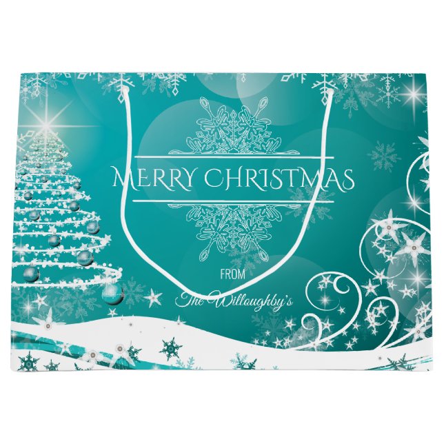 Bolsa De Regalo Grande Feliz Navidad Snowflakes Tree Flowers & Stars H (Anverso)