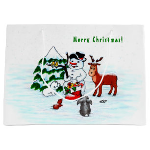 Bolsa De Regalo Grande ¡Feliz Navidad! Snowman con sus amigos