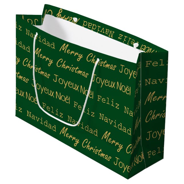 Bolsa De Regalo Grande Feliz Navidad Typografía Noel Navidad Dorado Verde (Angulo Anverso)
