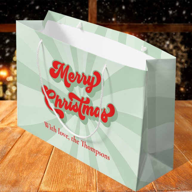 Bolsa De Regalo Grande Feliz Navidad Verde Rojo Whimsical Retro Personali (Red and Green Merry Christmas Retro vintage style typography large gift bag)