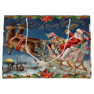 Bolsa De Regalo Grande Feliz Navidad Vintage Santa Claus en Trineo