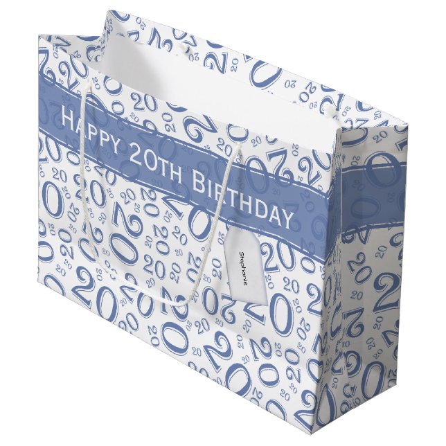Bolsa De Regalo Grande Feliz patrón número número 20 cumpleaños azul y bl (Angulo Anverso)