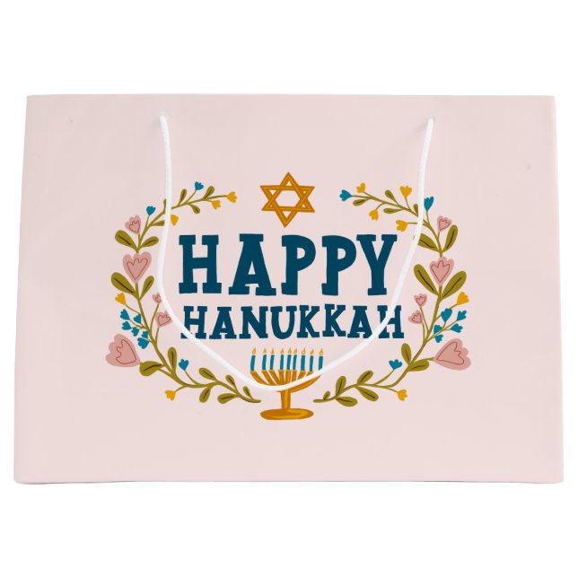 Bolsa De Regalo Grande FELIZ PERSONALIZADO de HAPPY HANUKKAH floral (Anverso)