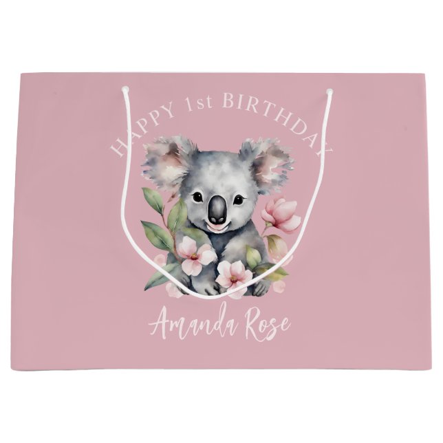 Bolsa De Regalo Grande Feliz primer cumpleaños a la acuarela Koala (Anverso)