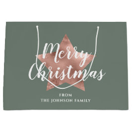 Bolsa De Regalo Grande Feliz Rosa de Navidad Estrella de Oro Sage Green