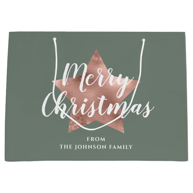 Bolsa De Regalo Grande Feliz Rosa de Navidad Estrella de Oro Sage Green (Anverso)
