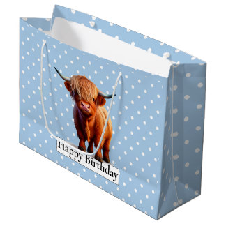 Bolsa De Regalo Grande FELIZ VACA DE PELO LARGA Azul DE CUMPLEAÑOS