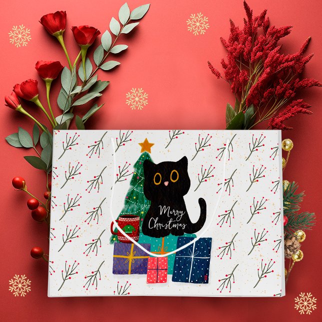 Bolsa De Regalo Grande Festividad Feliz Navidad Cute Negro Cat Café Arte (Subido por el creador)