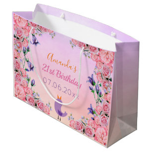 Bolsa De Regalo Grande fiesta de 21 años pink violet floral lindo pájaro