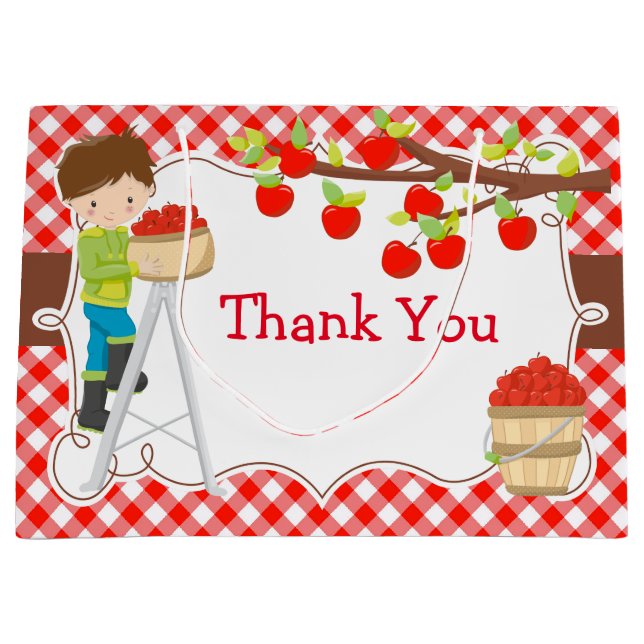 Bolsa De Regalo Grande Fiesta de cumpleaños de Apple Picking Brunette Boy (Anverso)