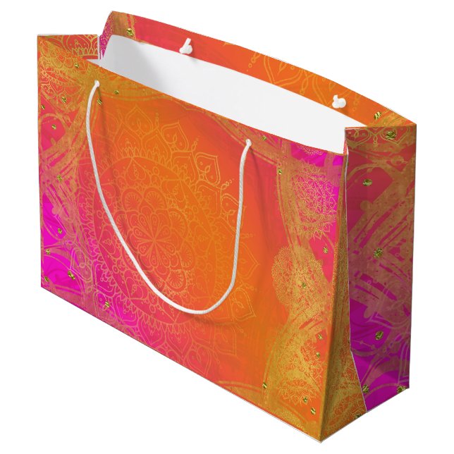 Bolsa De Regalo Grande Fiesta de Mandala Hindú Rosa Fucsia Naranja y Dora (Angulo reverso)