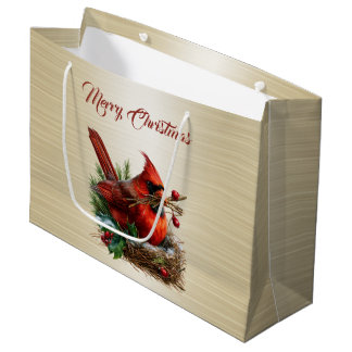 Bolsa De Regalo Grande Fiesta de Navidad Cardenal Pájaros Rojo Flor Vacac