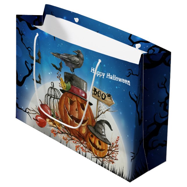 Bolsa De Regalo Grande Fiesta del cuervo de la calabaza de Halloween (Angulo Anverso)