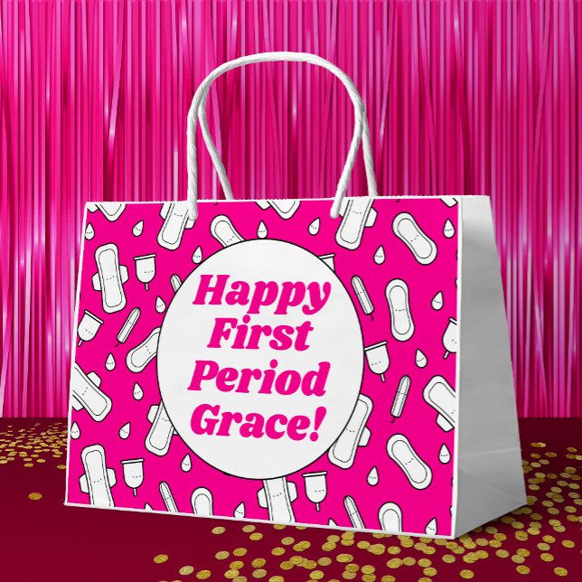 Bolsa De Regalo Grande Fiesta Happy First Period Hot Pink Cute Tampon Pad (Mockup of gift bag)