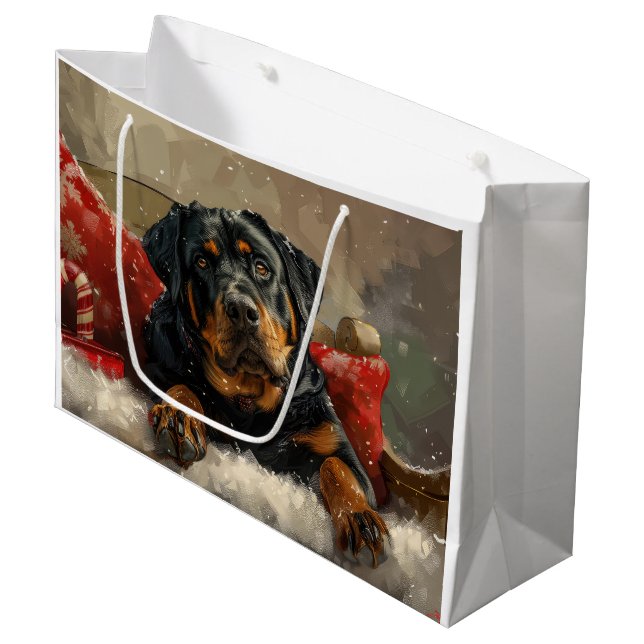 Bolsa De Regalo Grande Fiesta Navideña del Perro Rottweiler (Angulo Anverso)