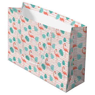 BOLSA DE REGALO GRANDE FLAMENCOS ROSADOS Y HOJAS TROPICALES VERDES