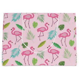 Bolsa De Regalo Grande Flamingo rosa con patrón de hojas tropicales