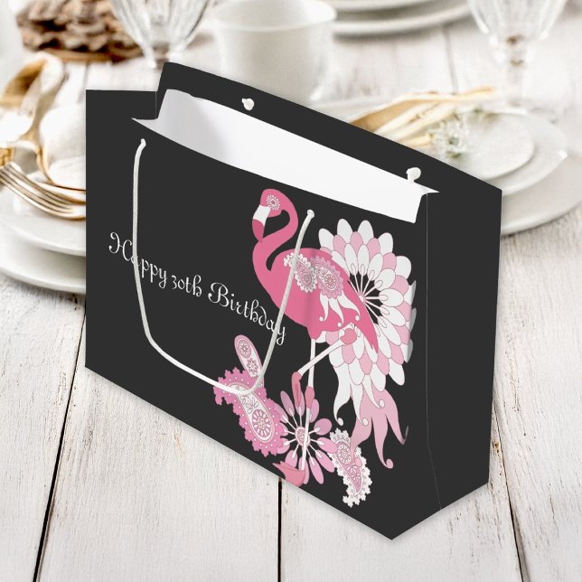 Bolsa De Regalo Grande Flamingo rosa negro moderno personalizado Cumpleañ (Subido por el creador)
