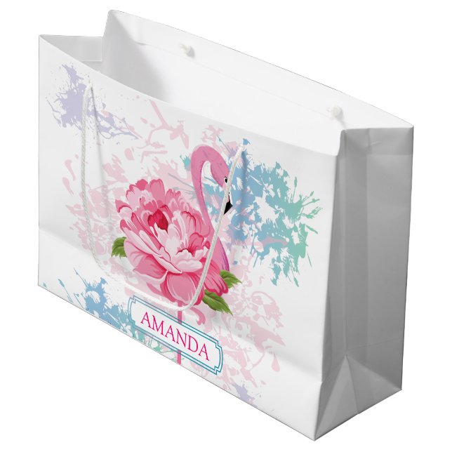 Bolsa De Regalo Grande Flamingo rosa personalizado Diseño floral (Angulo Anverso)