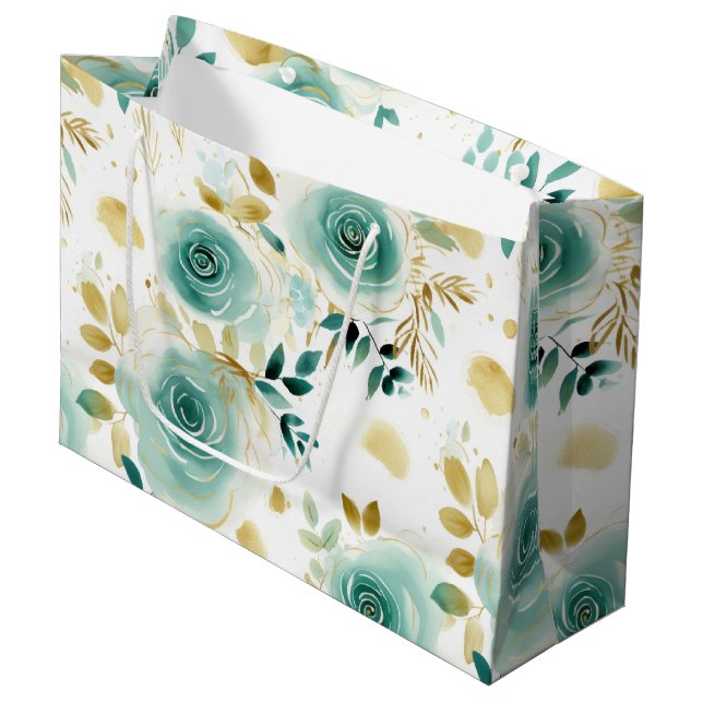 Bolsa De Regalo Grande Floral de Rosa de oro blanco verde suave (Angulo Anverso)