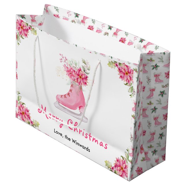 Bolsa De Regalo Grande Floral Ice Skate Pink Merry Christmas (Angulo Anverso)