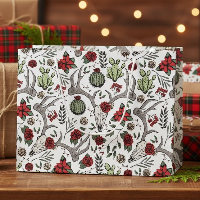 Bolsa De Regalo Grande Floral Reindee Skull Navidades de vaca (Country Xmas Gothic Reindeer Skulls, Roses, Succulents, Cacti, Berries Western Christmas Gift Bags)
