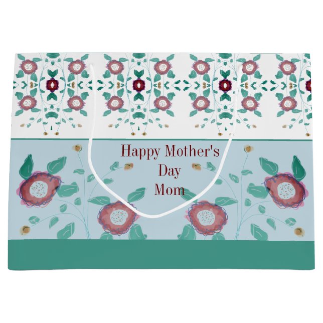 Bolsa De Regalo Grande Floral Rosa Con Turquesa (Anverso)