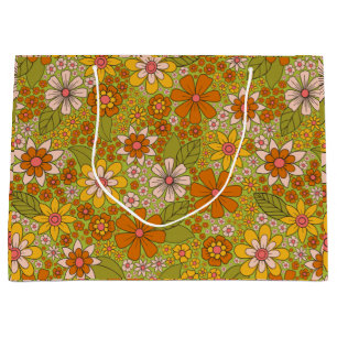 Bolsa De Regalo Grande Floral verde y Naranja de los años 1960 y 1970