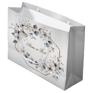 Bolsa De Regalo Grande Flores blancas acuarela marco dorado teal plateado