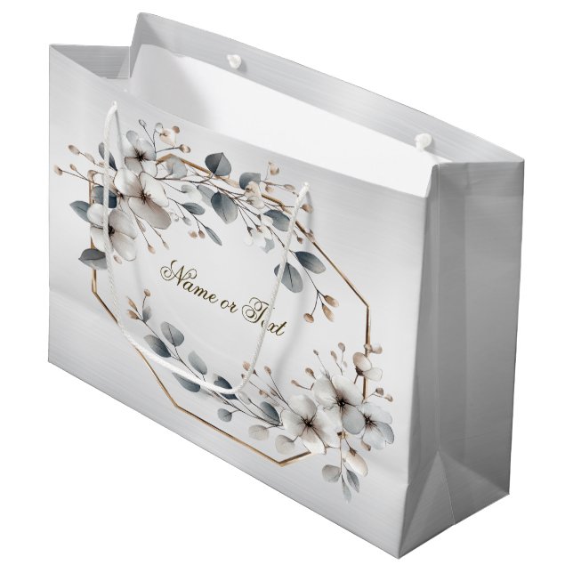 Bolsa De Regalo Grande Flores blancas acuarela marco dorado teal plateado (Angulo Anverso)
