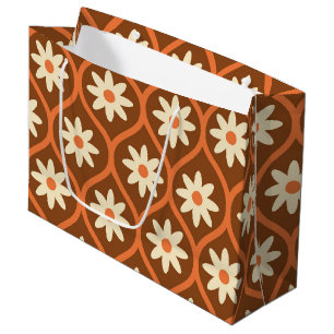 Bolsa De Regalo Grande Flores blancas retro sobre el naranja marrón vinta