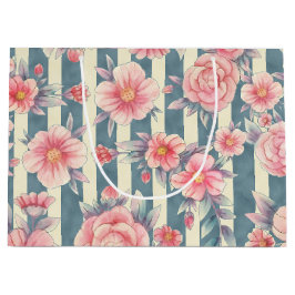 Bolsa De Regalo Grande Flores color de agua rosada en franjas