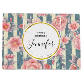 Bolsa De Regalo Grande Flores color de agua rosada en franjas Cumpleaños