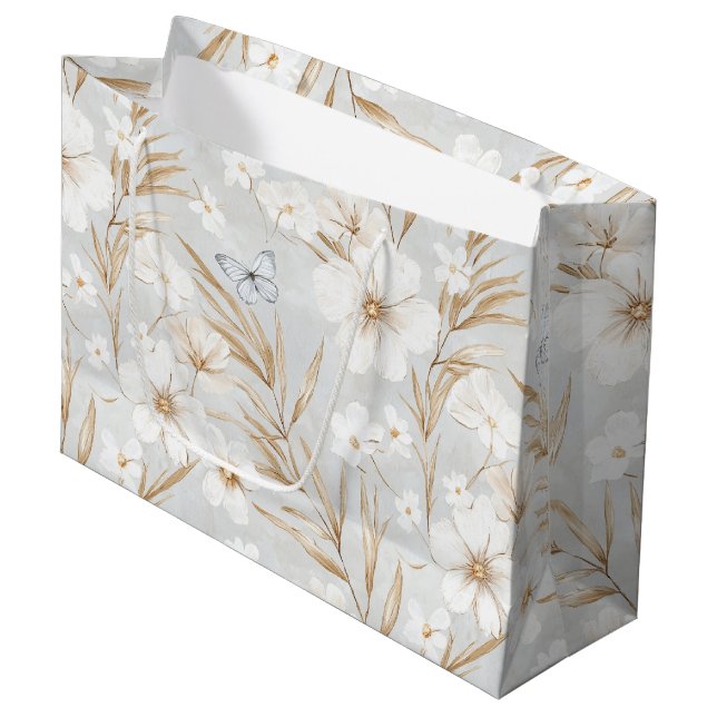 Bolsa De Regalo Grande Flores de crema blanca Mariposas azules Ducha de n (Angulo Anverso)