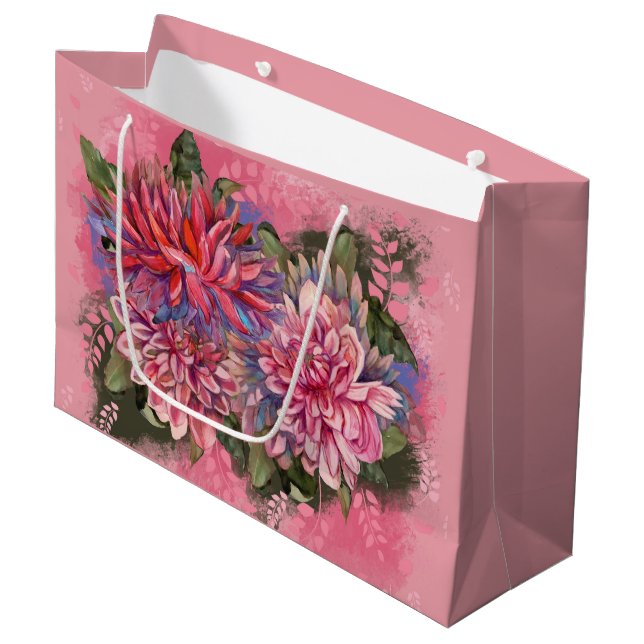 Bolsa De Regalo Grande Flores de dalias rosadas acuarela (Angulo Anverso)