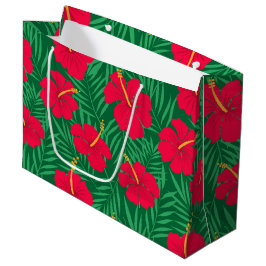 Bolsa De Regalo Grande Flores de Hibisco Rojo sobre Patrón de Hojas Tropi