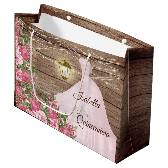 Bolsa De Regalo Grande Flores de madera y malva rosa de Quinceañera (Angulo Anverso)