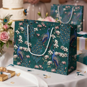 Bolsa De Regalo Grande Flores de Magnolias y Pavos Reales en Verde Teal E