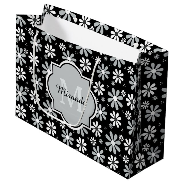 Bolsa De Regalo Grande Flores de margarita blanca de monograma negro con  (Angulo Anverso)