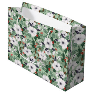 Bolsa De Regalo Grande Flores de Navidad blanco y motivos de bayas rojas