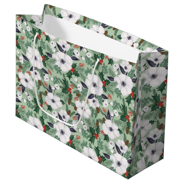 Bolsa De Regalo Grande Flores de Navidad blanco y motivos de bayas rojas (Angulo Anverso)