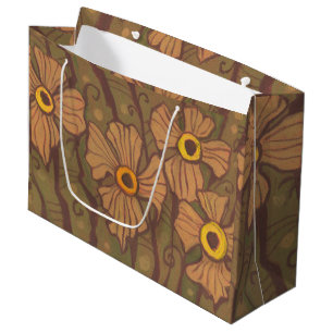 Bolsa De Regalo Grande Flores de ojos amarillos, arte floral, marrón verd